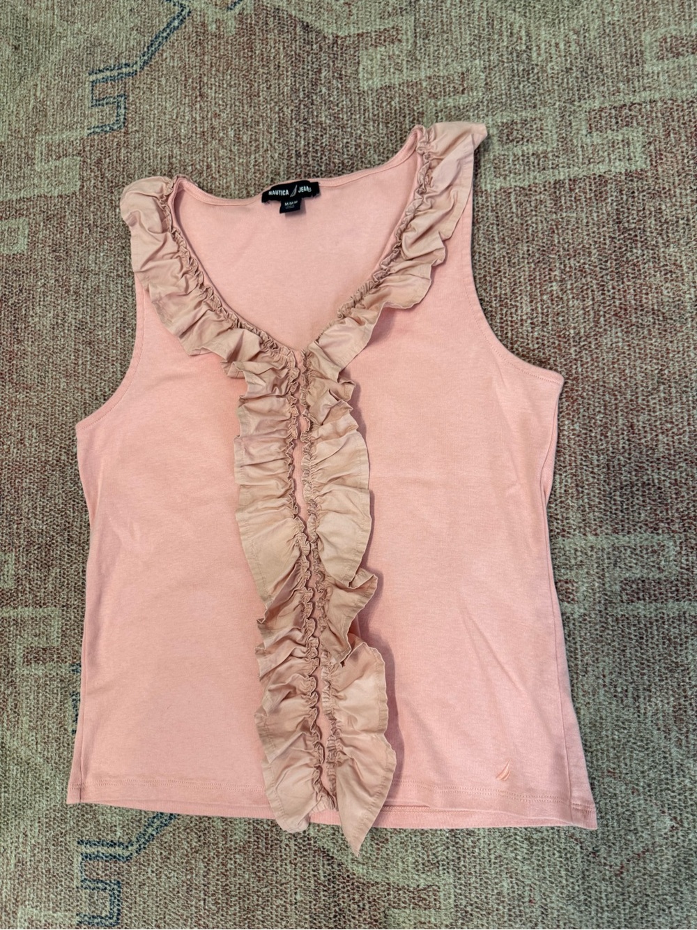 Nautica Jeans v neck cotton fitted pink ruffle tank in like new condition med